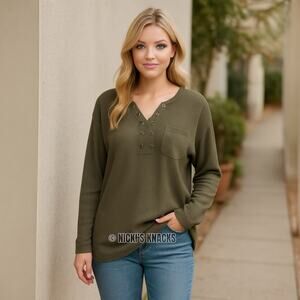Anna Kaci Olive Waffle Knit Thermal Oversized Drop Shoulder V-Neck Top Size M